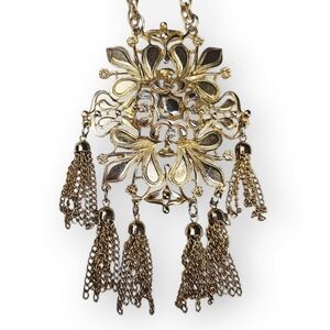 Vintage Fleur-de-lis Medallion Chain Necklace Tassel Statement Glenn Mitchell